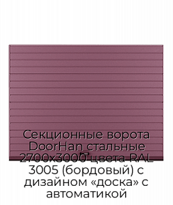 Секционные ворота DoorHan стальные 2700х3000 цвета RAL 3005 (бордовый) с дизайном «доска» с автоматикой preview 1