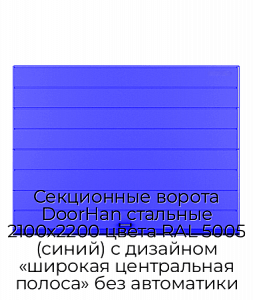Секционные ворота DoorHan стальные 2100х2200 цвета RAL 5005 (синий) с дизайном «широкая центральная полоса» без автоматики preview 1