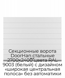Секционные ворота DoorHan стальные 2700х2400 цвета RAL 9003 (белый) с дизайном «широкая центральная полоса» без автоматики preview 1