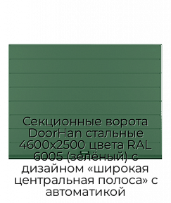 Секционные ворота DoorHan стальные 4600х2500 цвета RAL 6005 (зелёный) с дизайном «широкая центральная полоса» с автоматикой
