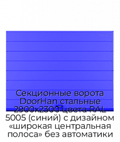 Секционные ворота DoorHan стальные 2900х2300 цвета RAL 5005 (синий) с дизайном «широкая центральная полоса» без автоматики