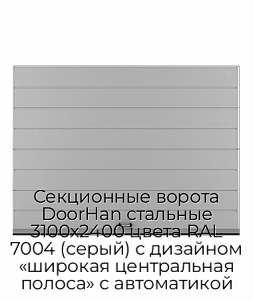 Секционные ворота DoorHan стальные 3100х2400 цвета RAL 7004 (серый) с дизайном «широкая центральная полоса» с автоматикой preview 1