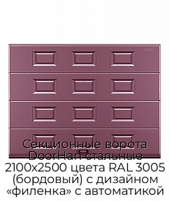 Секционные ворота DoorHan стальные 2100х2500 цвета RAL 3005 (бордовый) с дизайном «филенка» с автоматикой
