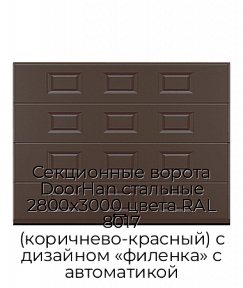 Секционные ворота DoorHan стальные 2800х3000 цвета RAL 8017 (коричнево-красный) с дизайном «филенка» с автоматикой