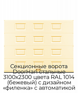 Секционные ворота DoorHan стальные 3100х2300 цвета RAL 1014 (бежевый) с дизайном «филенка» с автоматикой preview 1