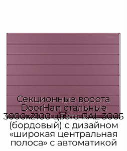 Секционные ворота DoorHan стальные 3000х2100 цвета RAL 3005 (бордовый) с дизайном «широкая центральная полоса» с автоматикой preview 1