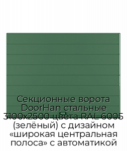 Секционные ворота DoorHan стальные 3100х2500 цвета RAL 6005 (зелёный) с дизайном «широкая центральная полоса» с автоматикой preview 1
