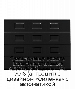 Секционные ворота DoorHan стальные 4200х2000 цвета RAL 7016 (антрацит) с дизайном «филенка» с автоматикой preview 1